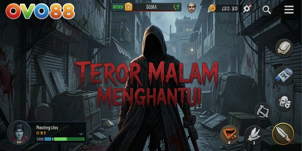 Tampilan gameplay OVO88 dengan suasana mencekam dan karakter menakutkan.